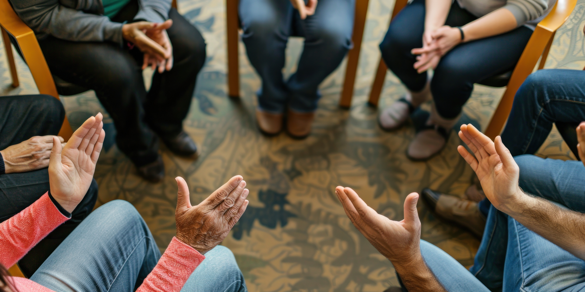 Group of people in a circular support group discussing the cycle of addiction