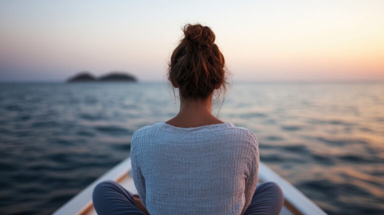 Woman sitting cross-legged in a canoe in a lake during sunrise