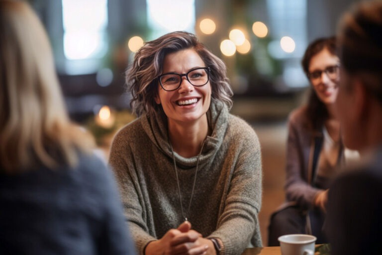 Happy middle-aged woman in glasses discussing mental health and emotional health with other women in a coffee shop